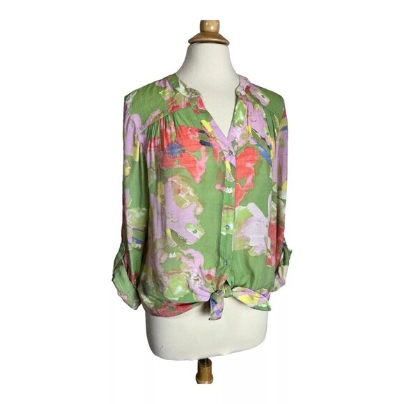 Hope And Harlow Top Blouse M Medium Floral Button Tie Roll Tab Sleeve - Picture 1 of 9